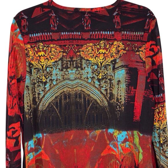 Calessa Graphic Art Print Tunic Red Black Size 1X Asymmetric Lace Hem Lagenlook - Picture 6 of 11